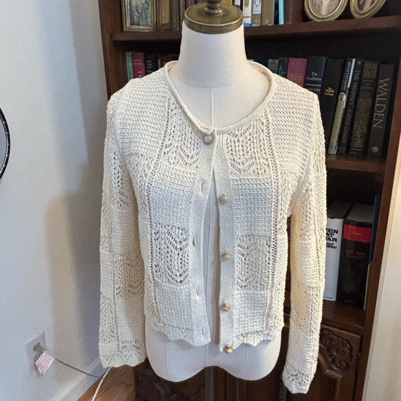 ZARA Pointelle Ivory Knit Cardigan SZ Medium - Picture 2 of 5